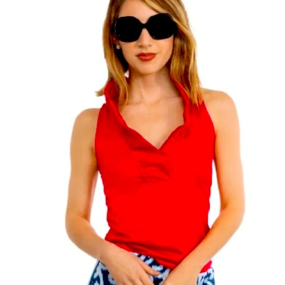 Gretchen Scott sleeveless ruffle neck shirt in crimson red